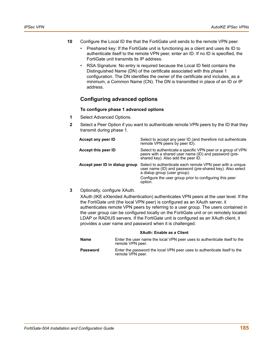 Configuring advanced options | Fortinet FortiGate 50A User Manual | Page 185 / 272