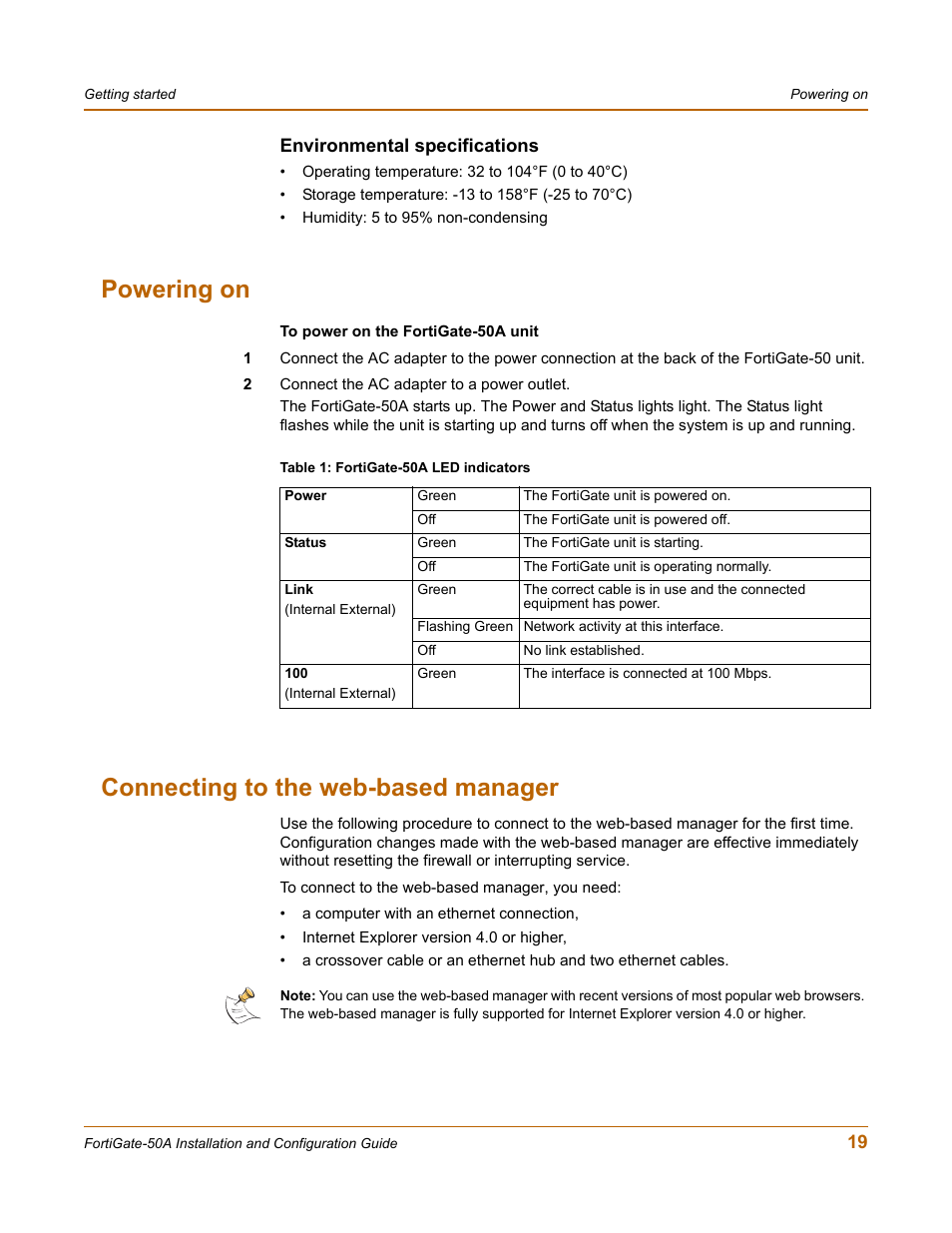 Environmental specifications, Powering on, Connecting to the web-based manager | Powering on connecting to the web-based manager | Fortinet FortiGate 50A User Manual | Page 19 / 272