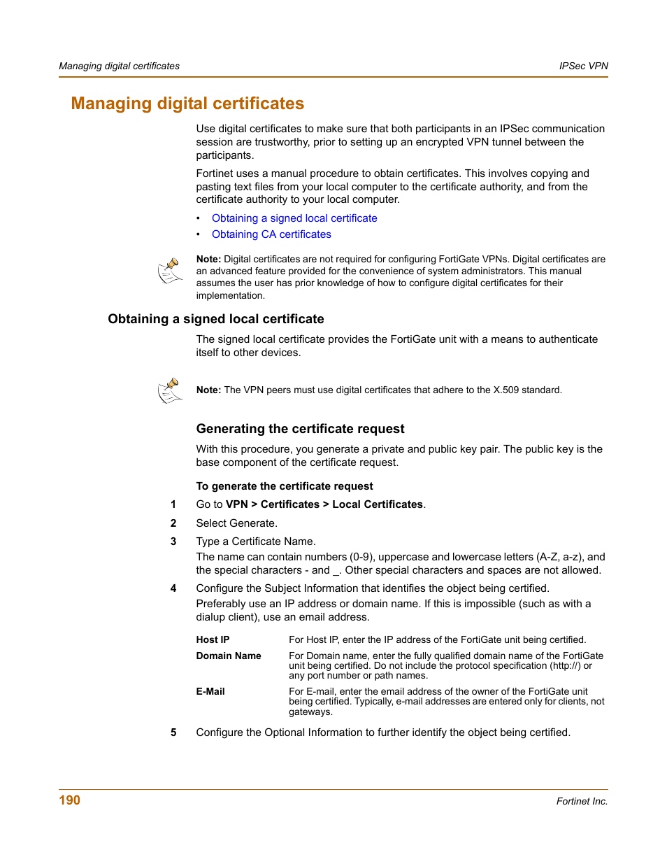 Managing digital certificates, Obtaining a signed local certificate, Generating the certificate request | Fortinet FortiGate 50A User Manual | Page 190 / 272