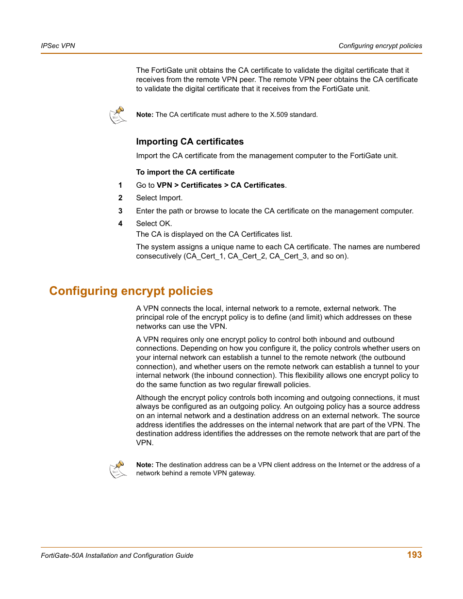 Importing ca certificates, Configuring encrypt policies | Fortinet FortiGate 50A User Manual | Page 193 / 272