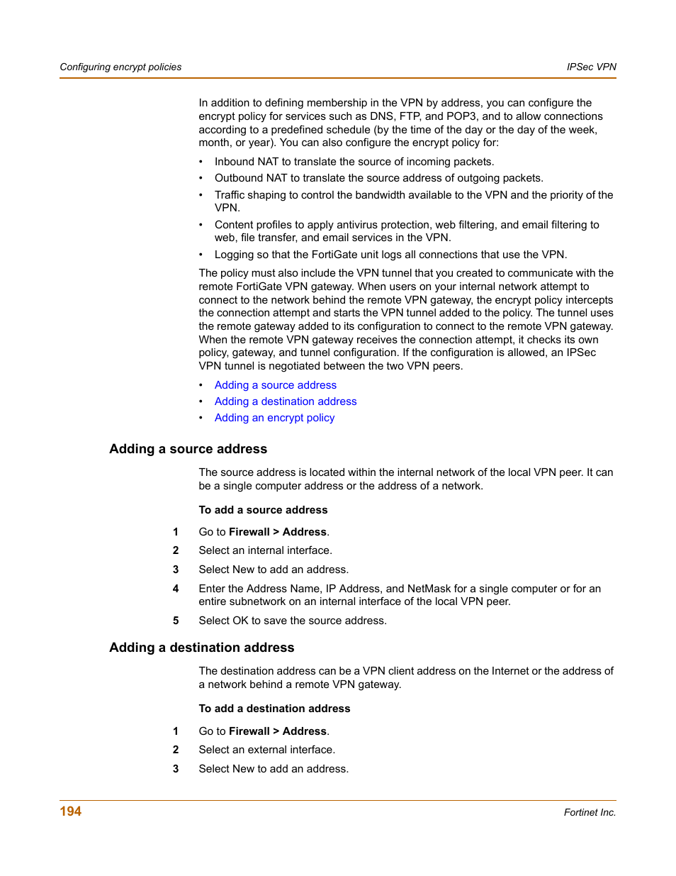 Adding a source address, Adding a destination address | Fortinet FortiGate 50A User Manual | Page 194 / 272