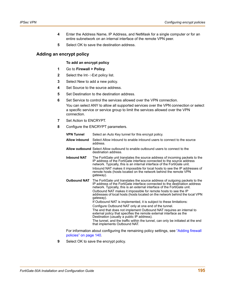 Adding an encrypt policy | Fortinet FortiGate 50A User Manual | Page 195 / 272