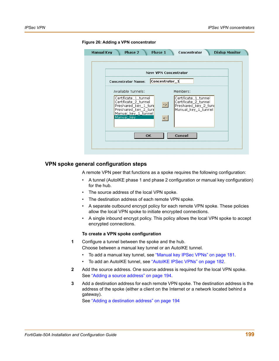 Vpn spoke general configuration steps | Fortinet FortiGate 50A User Manual | Page 199 / 272