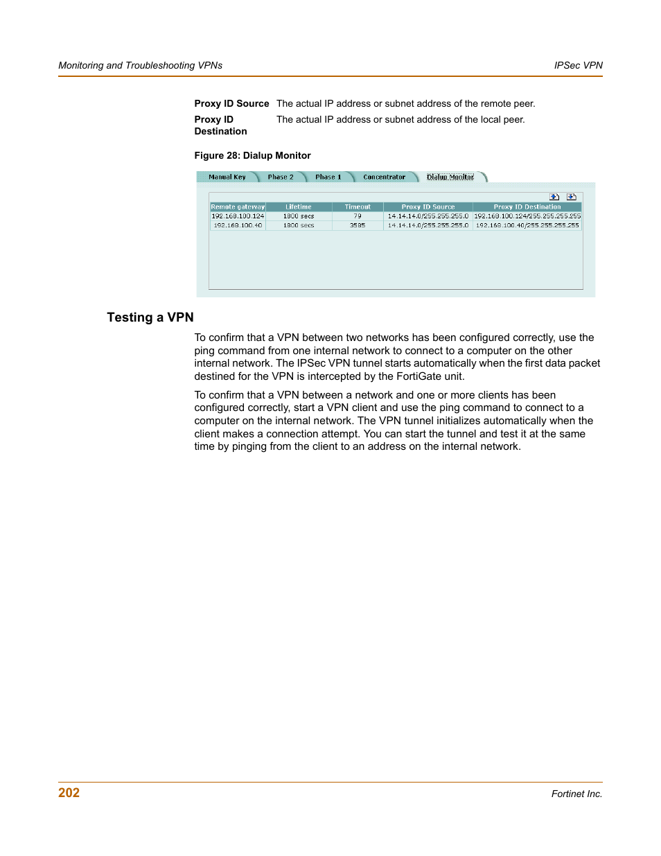 Testing a vpn | Fortinet FortiGate 50A User Manual | Page 202 / 272