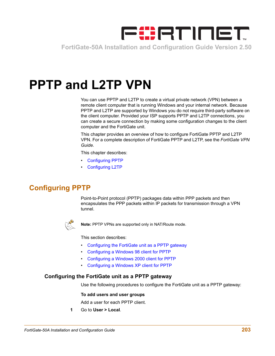 Pptp and l2tp vpn, Configuring pptp, Configuring the fortigate unit as a pptp gateway | Fortinet FortiGate 50A User Manual | Page 203 / 272