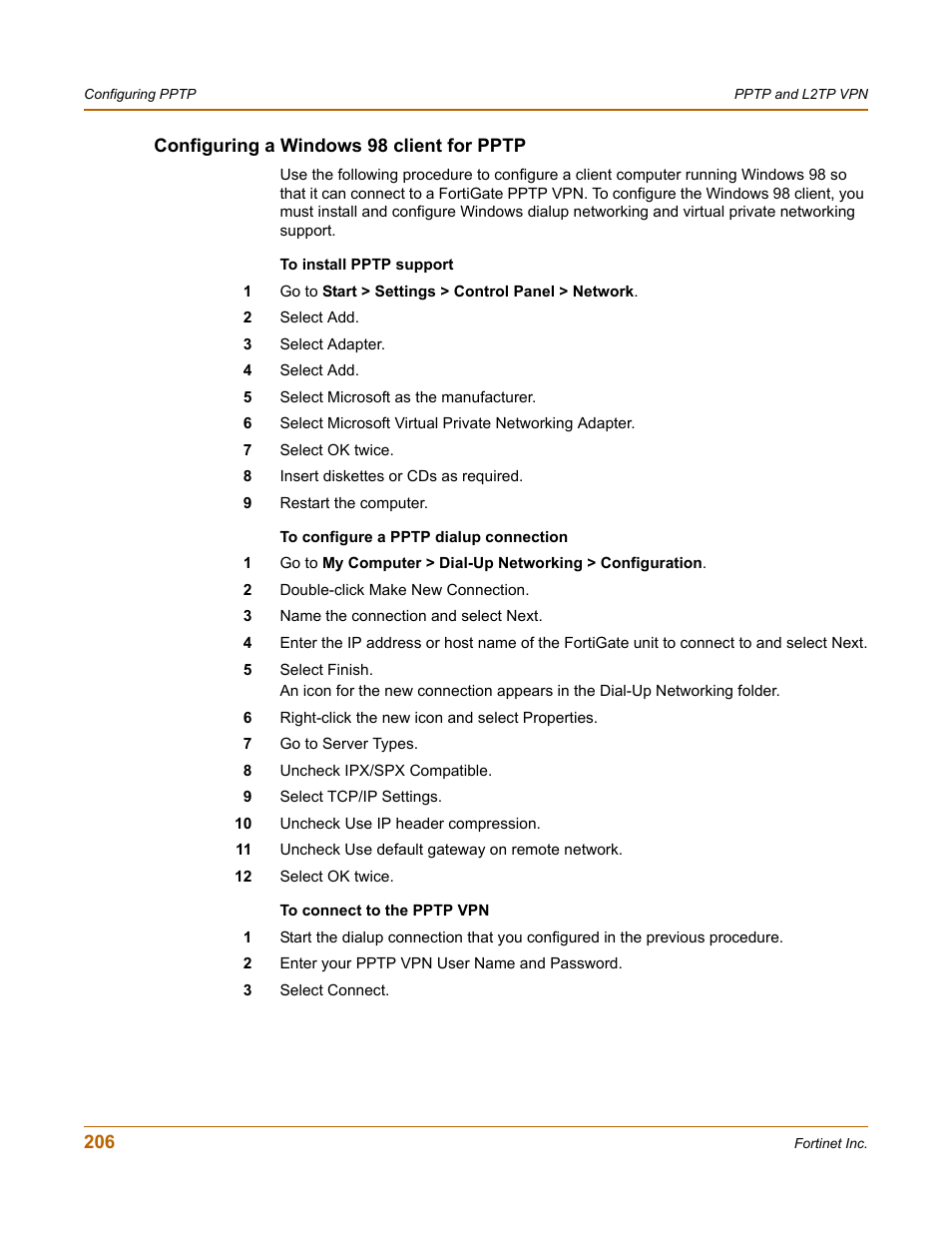 Configuring a windows 98 client for pptp | Fortinet FortiGate 50A User Manual | Page 206 / 272