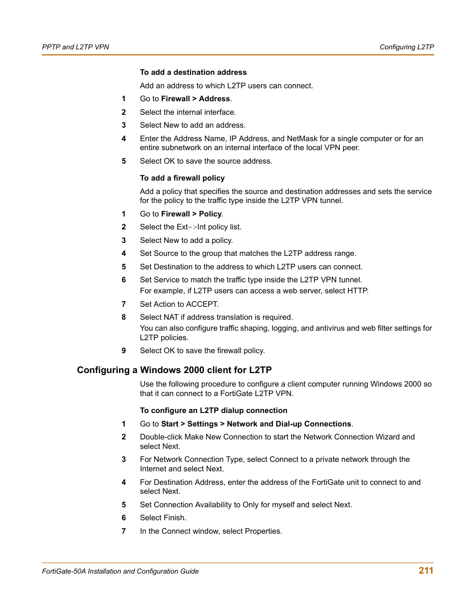 Configuring a windows 2000 client for l2tp | Fortinet FortiGate 50A User Manual | Page 211 / 272