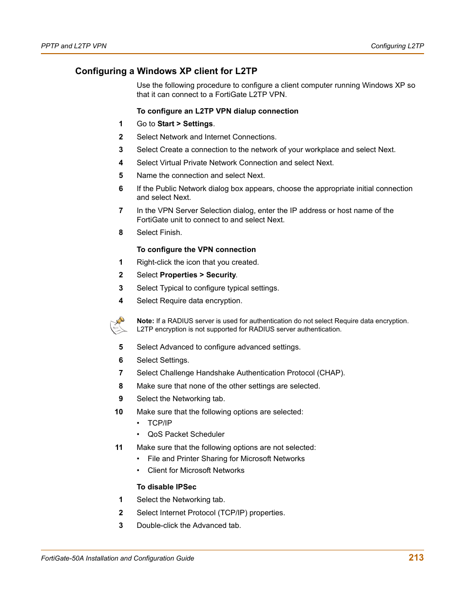 Configuring a windows xp client for l2tp | Fortinet FortiGate 50A User Manual | Page 213 / 272