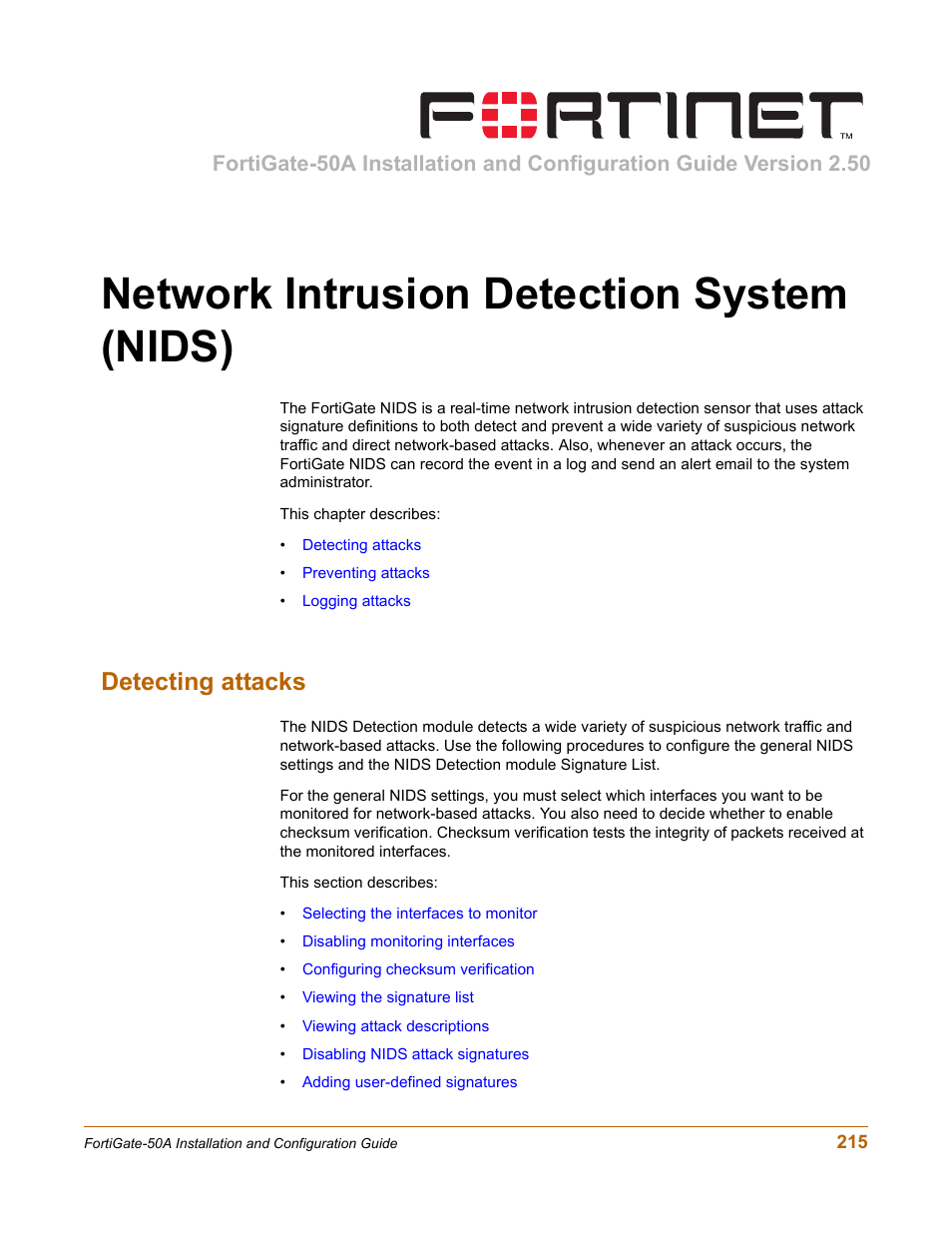 Network intrusion detection system (nids), Detecting attacks | Fortinet FortiGate 50A User Manual | Page 215 / 272