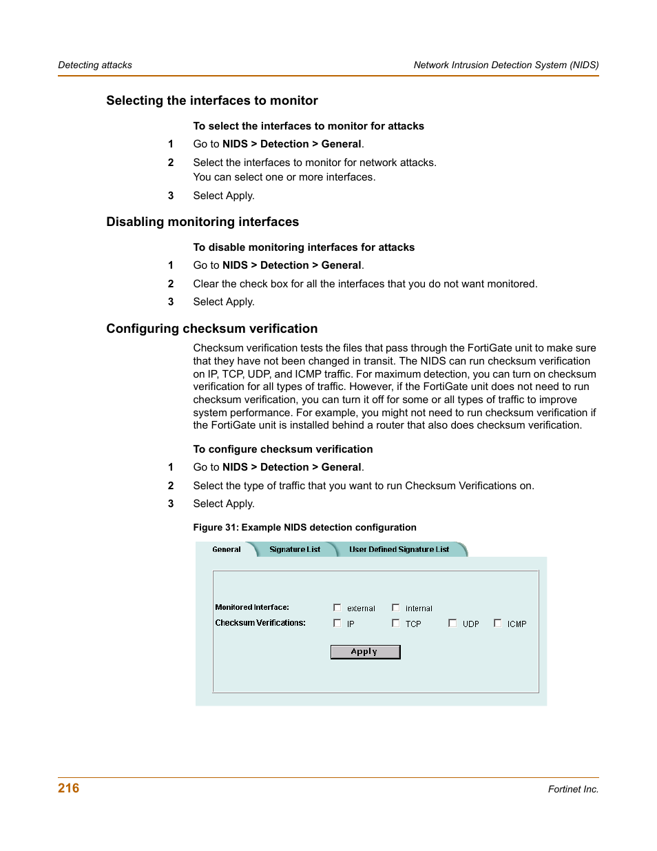 Selecting the interfaces to monitor, Disabling monitoring interfaces, Configuring checksum verification | Fortinet FortiGate 50A User Manual | Page 216 / 272