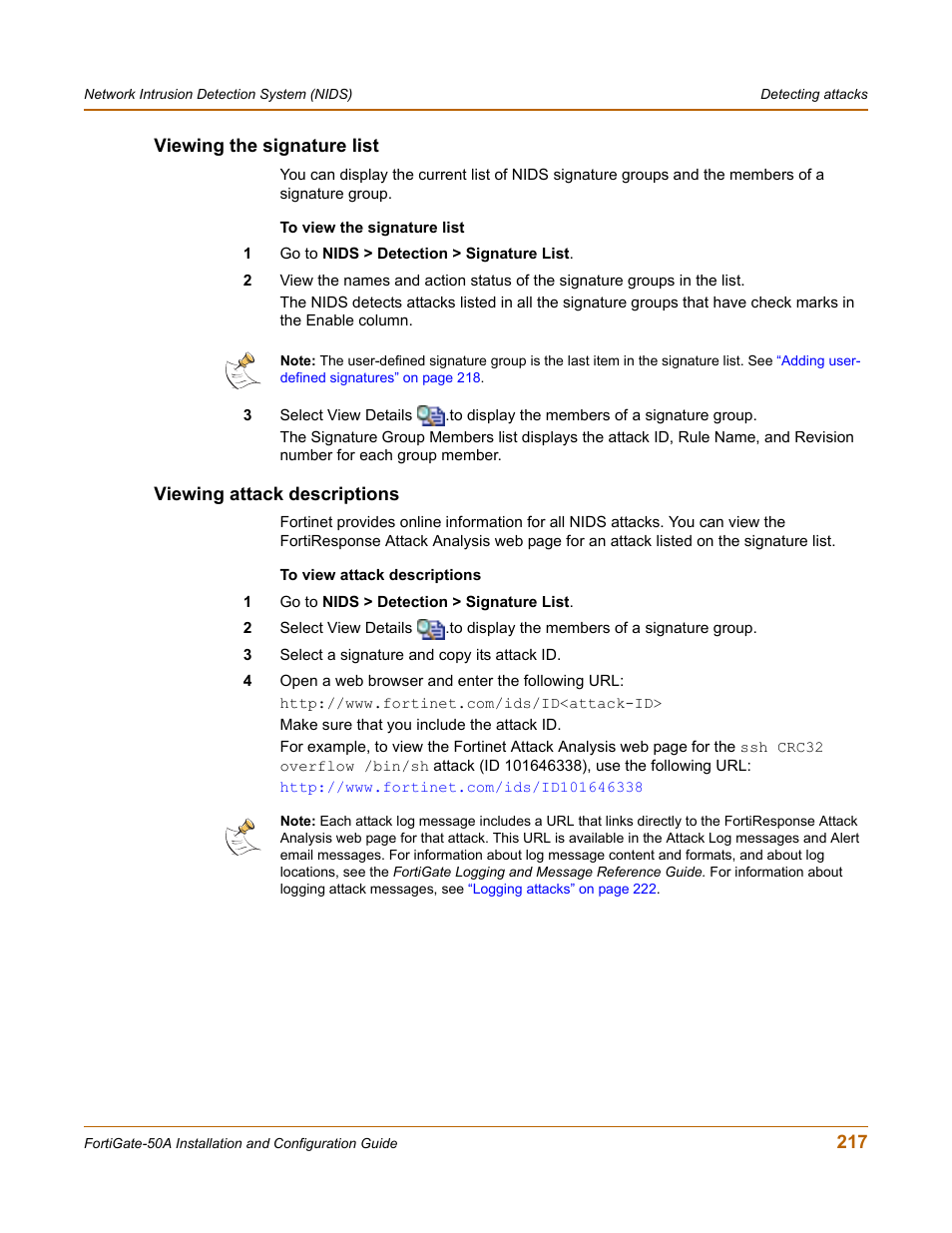 Viewing the signature list, Viewing attack descriptions | Fortinet FortiGate 50A User Manual | Page 217 / 272