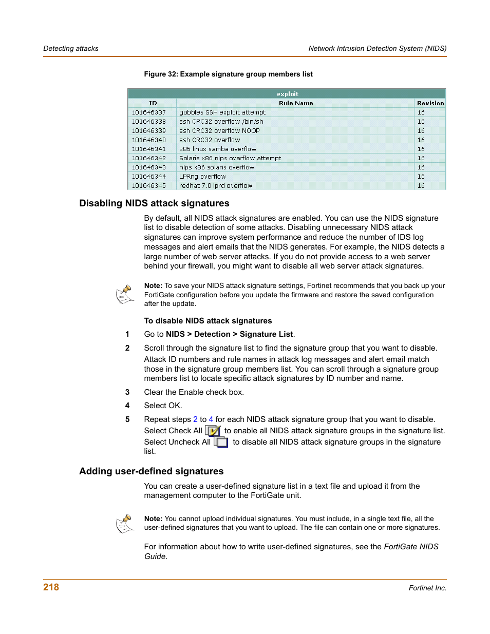 Disabling nids attack signatures, Adding user-defined signatures, Adding user-defined signatures” on | St. see, Adding user | Fortinet FortiGate 50A User Manual | Page 218 / 272