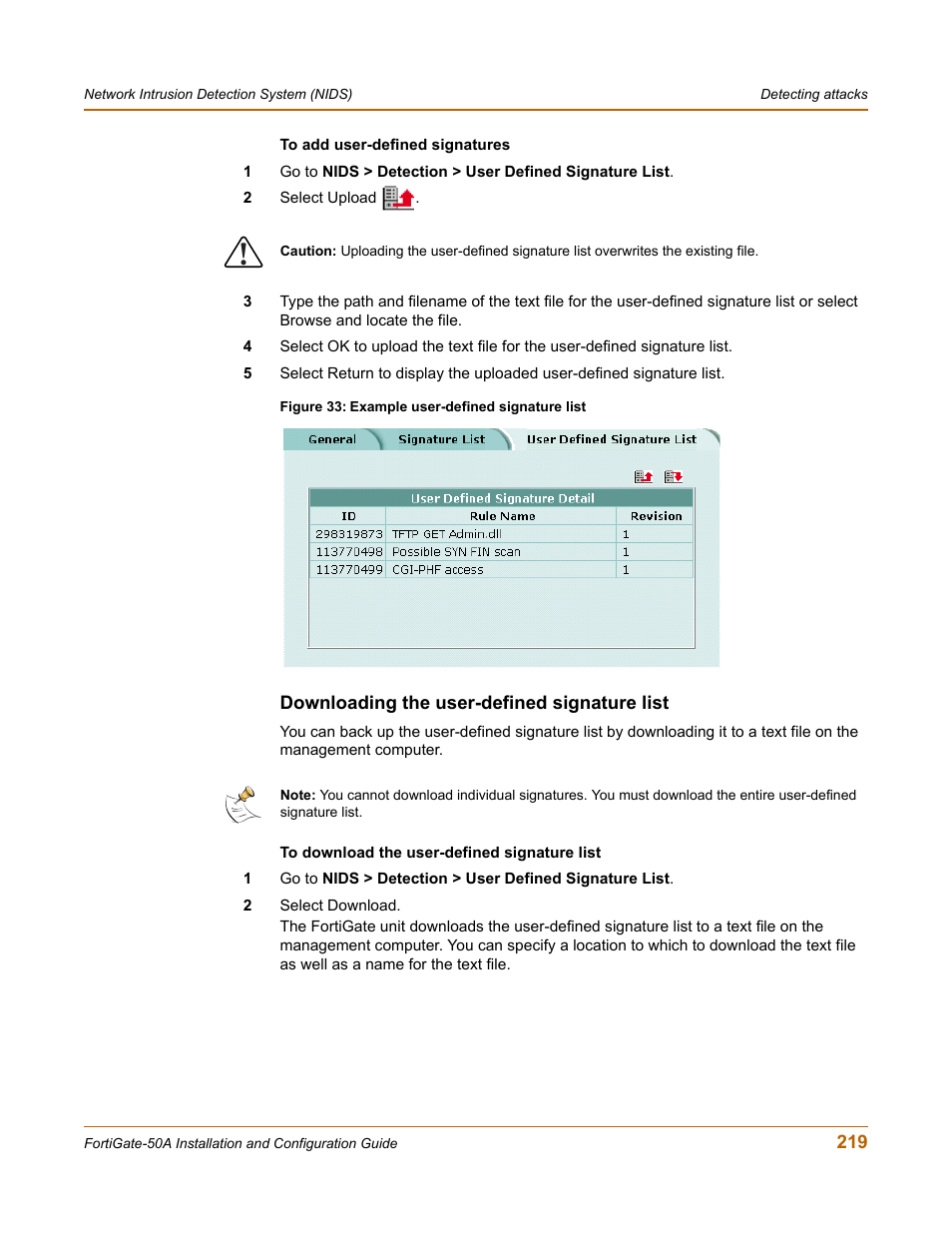 Downloading the user-defined signature list | Fortinet FortiGate 50A User Manual | Page 219 / 272