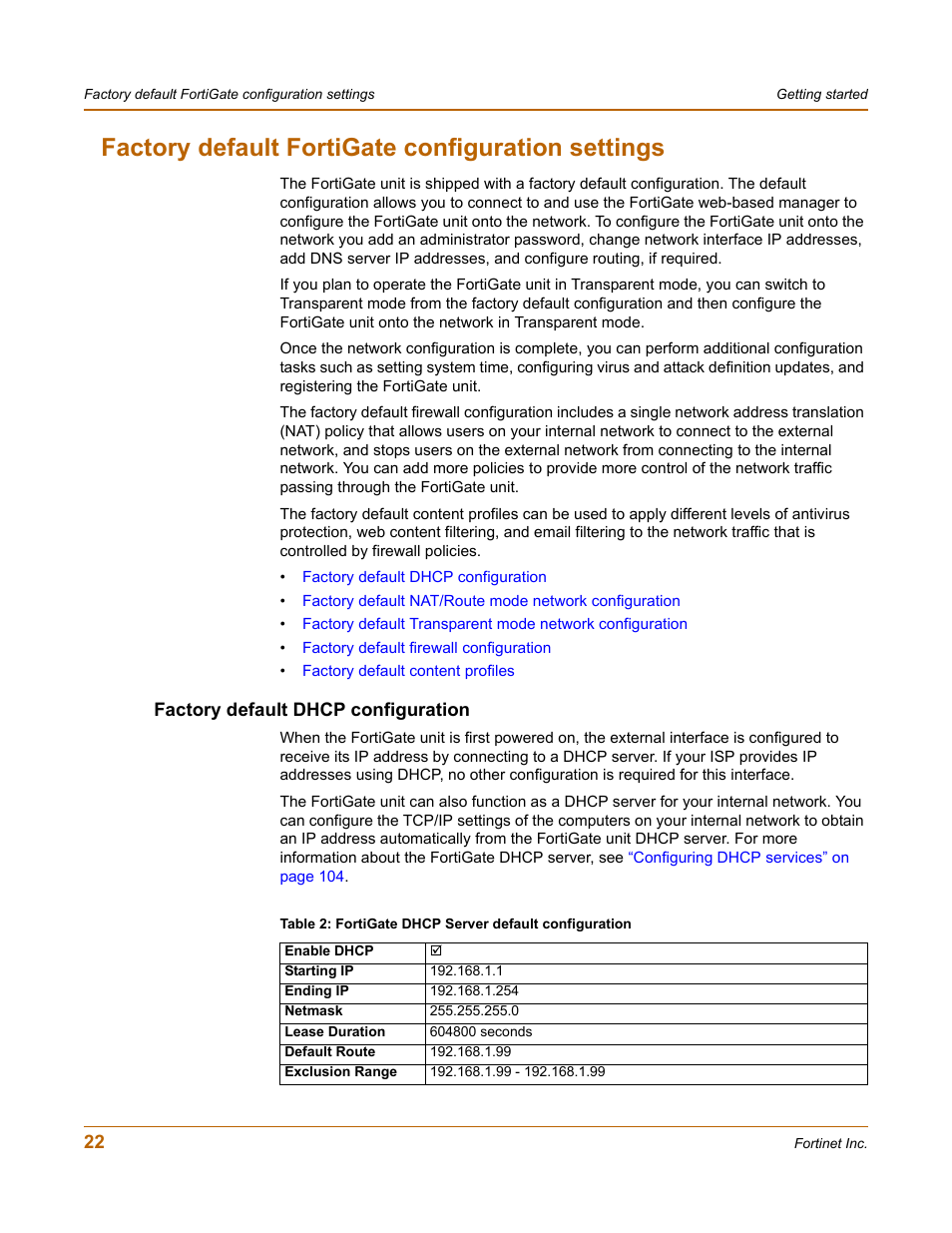 Factory default fortigate configuration settings, Factory default dhcp configuration | Fortinet FortiGate 50A User Manual | Page 22 / 272