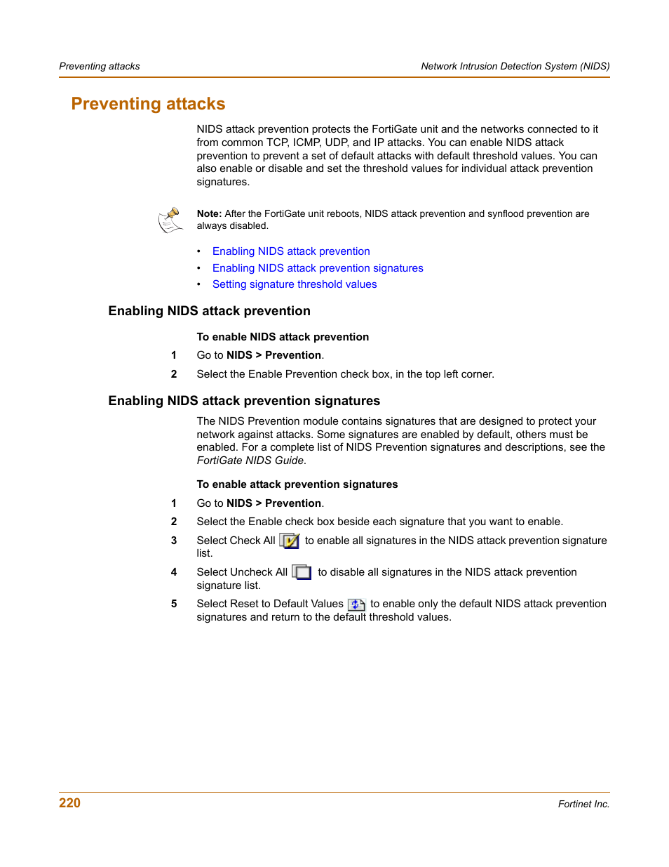 Preventing attacks, Enabling nids attack prevention, Enabling nids attack prevention signatures | Fortinet FortiGate 50A User Manual | Page 220 / 272