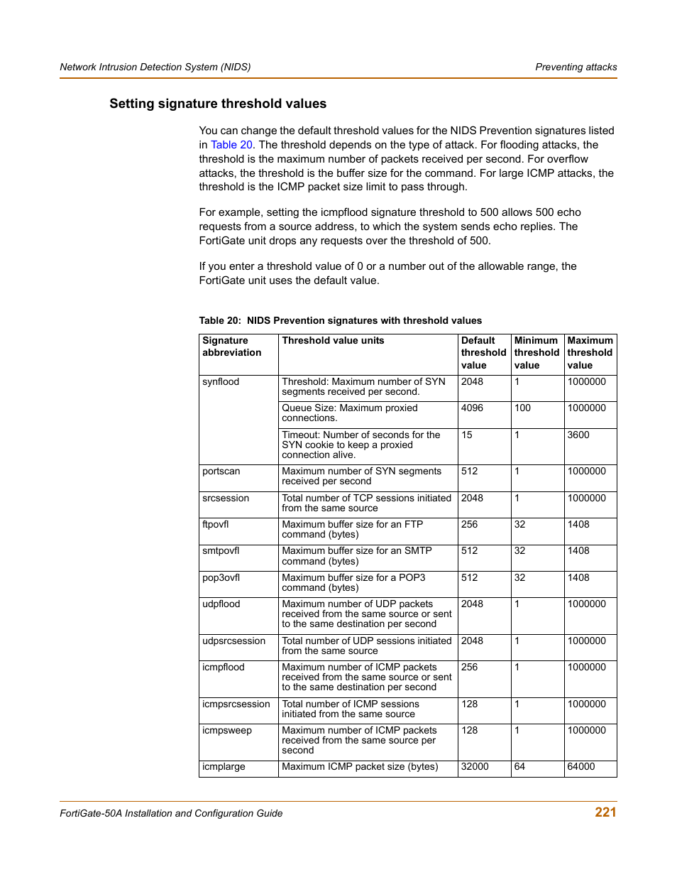 Setting signature threshold values, 221 setting signature threshold values | Fortinet FortiGate 50A User Manual | Page 221 / 272