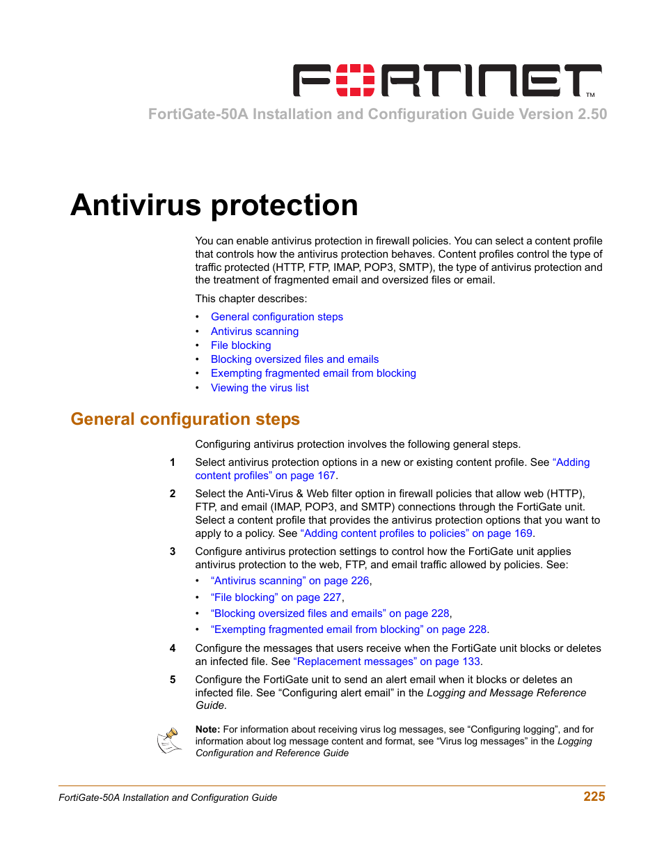 Antivirus protection, General configuration steps | Fortinet FortiGate 50A User Manual | Page 225 / 272