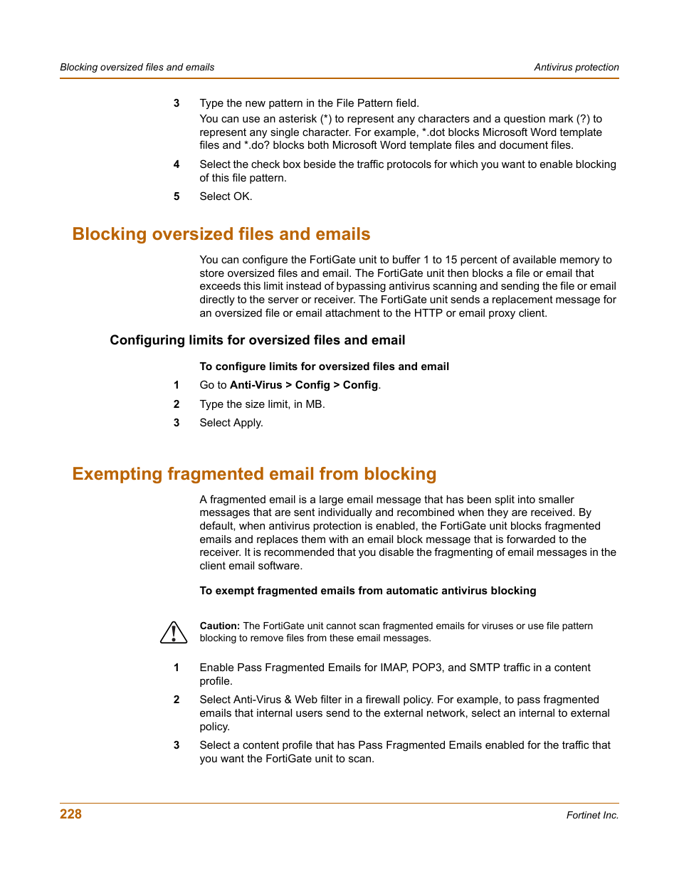 Blocking oversized files and emails, Configuring limits for oversized files and email, Exempting fragmented email from blocking | Ing. see, Exempting fragmented email from blocking” on | Fortinet FortiGate 50A User Manual | Page 228 / 272