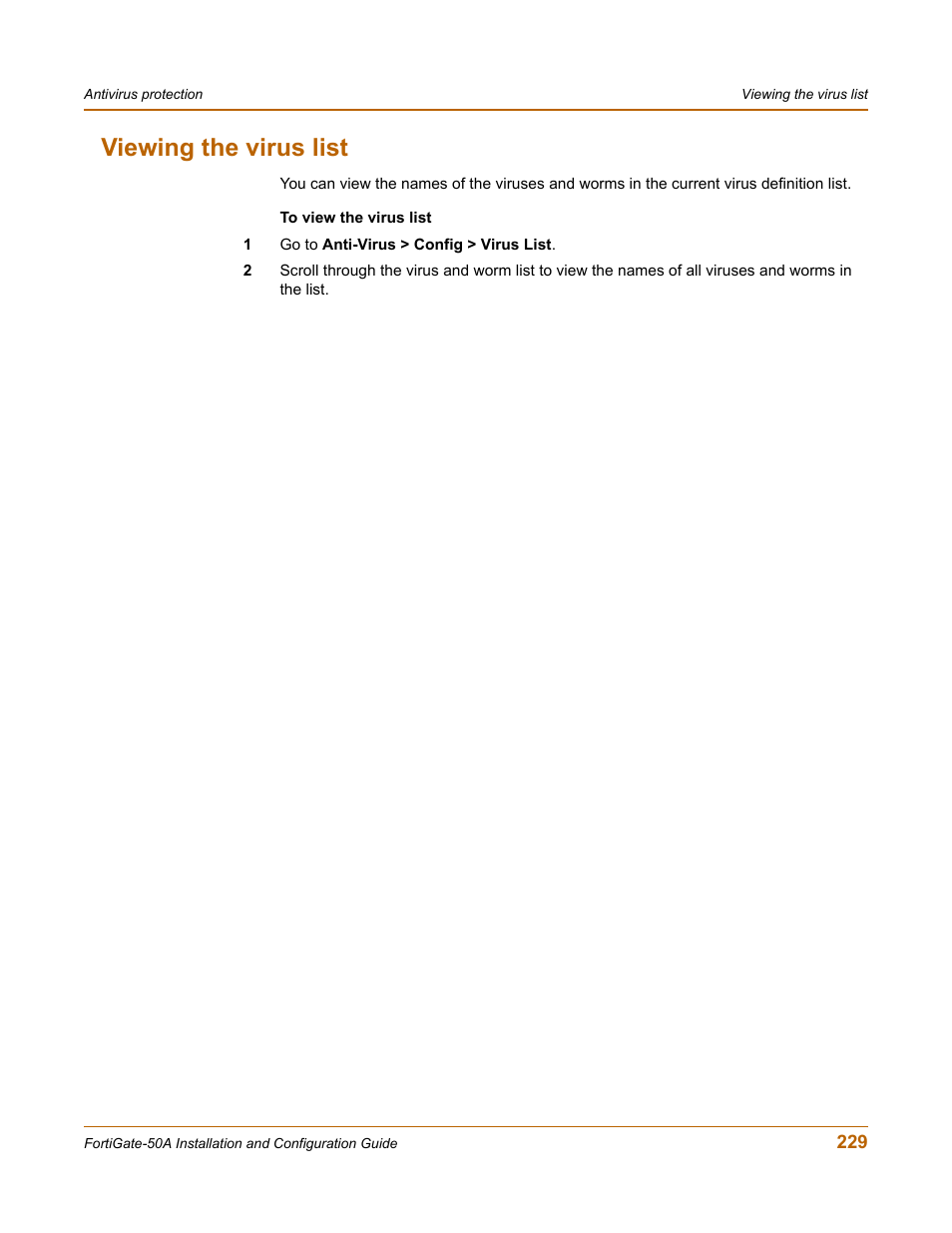 Viewing the virus list | Fortinet FortiGate 50A User Manual | Page 229 / 272