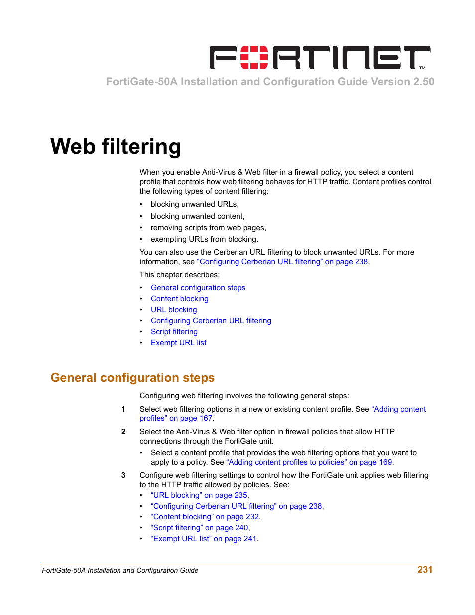 Web filtering, General configuration steps | Fortinet FortiGate 50A User Manual | Page 231 / 272