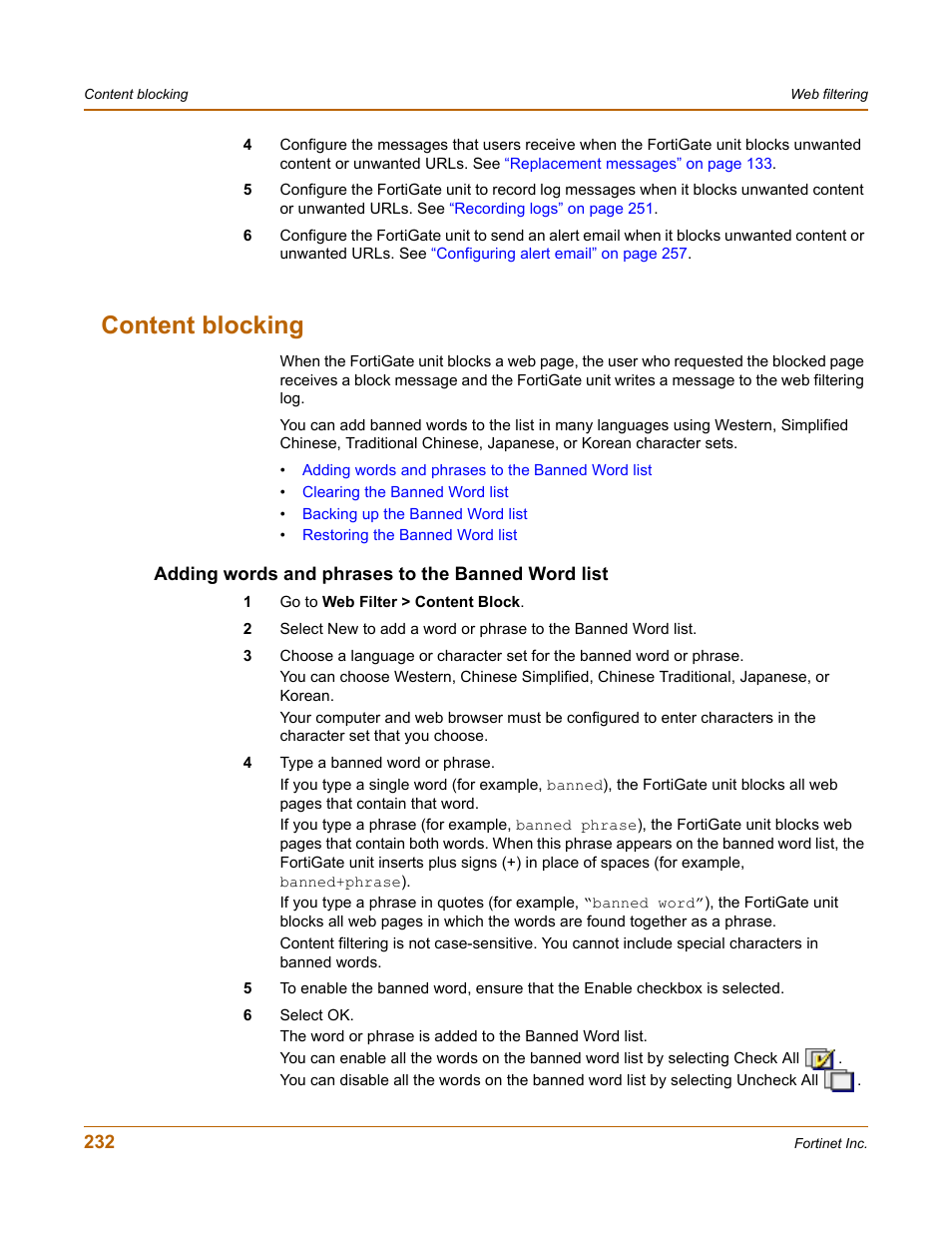 Content blocking, Adding words and phrases to the banned word list | Fortinet FortiGate 50A User Manual | Page 232 / 272