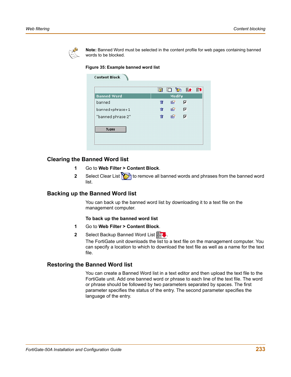 Clearing the banned word list, Backing up the banned word list, Restoring the banned word list | Restoring the banned word list” on | Fortinet FortiGate 50A User Manual | Page 233 / 272