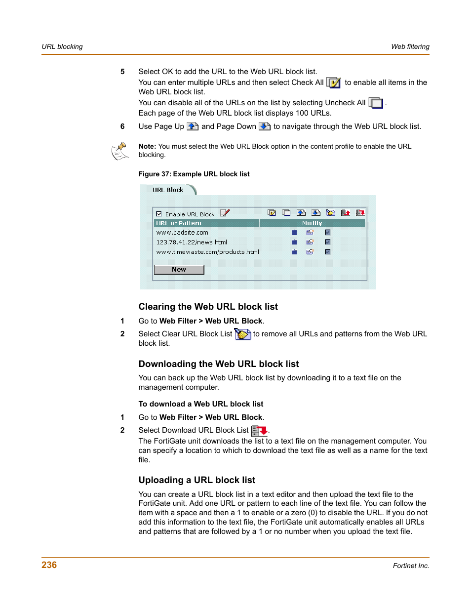 Clearing the web url block list, Downloading the web url block list, Uploading a url block list | Fortinet FortiGate 50A User Manual | Page 236 / 272