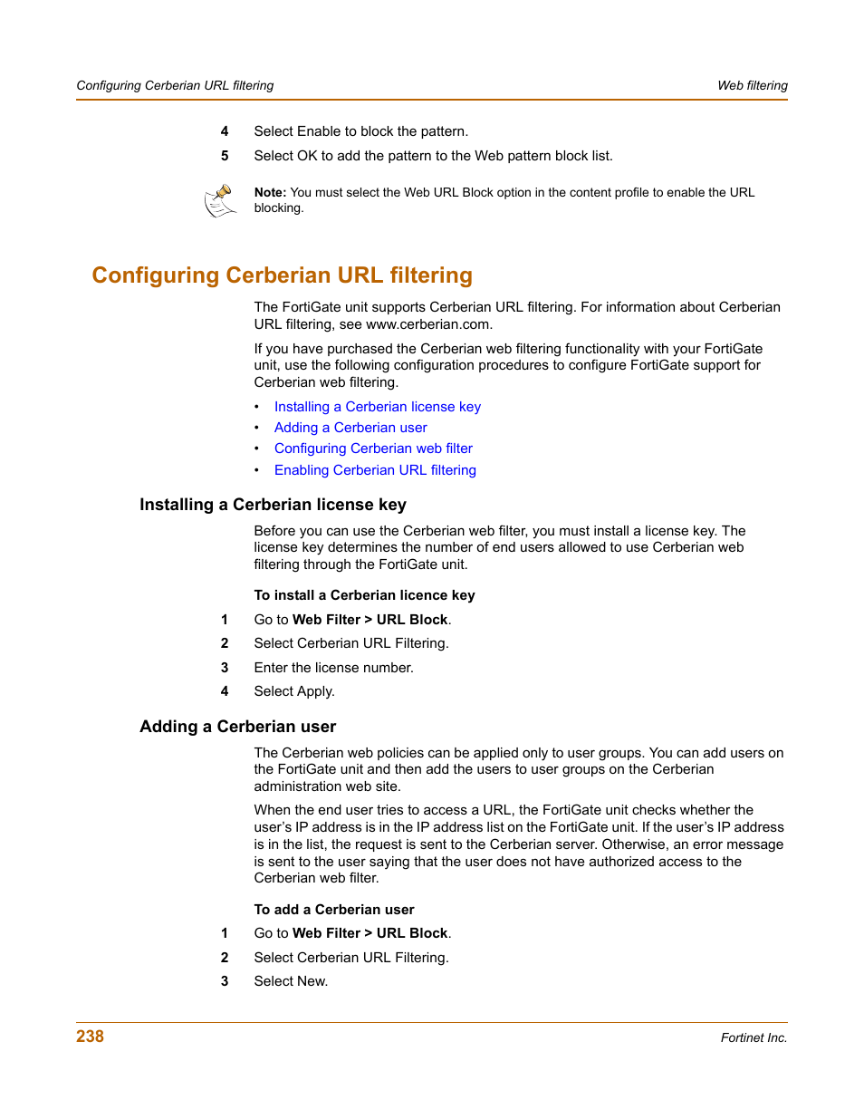 Configuring cerberian url filtering, Installing a cerberian license key, Adding a cerberian user | Configuring cerberian url filtering” on | Fortinet FortiGate 50A User Manual | Page 238 / 272