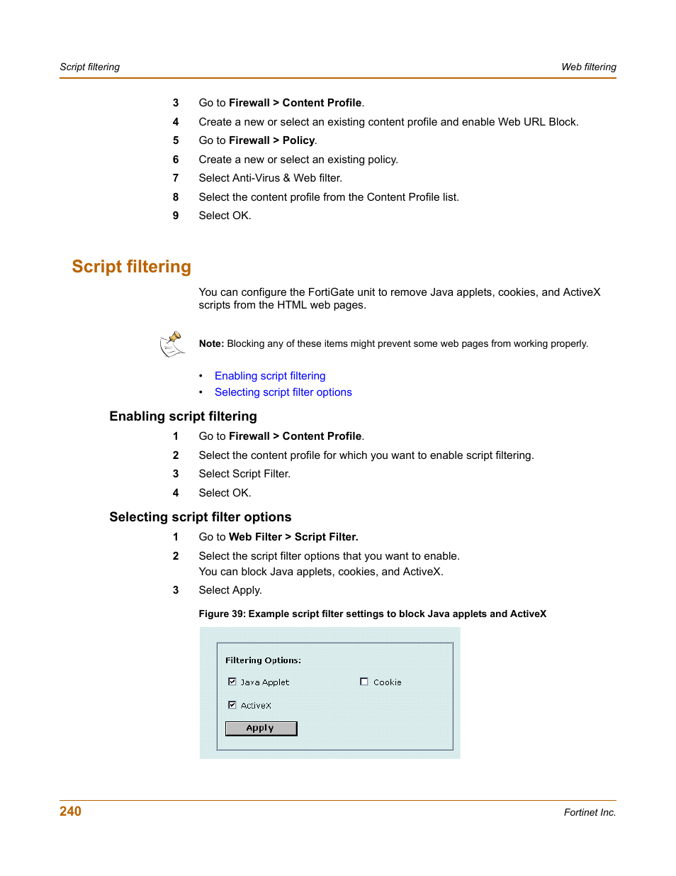 Script filtering, Enabling script filtering, Selecting script filter options | Fortinet FortiGate 50A User Manual | Page 240 / 272