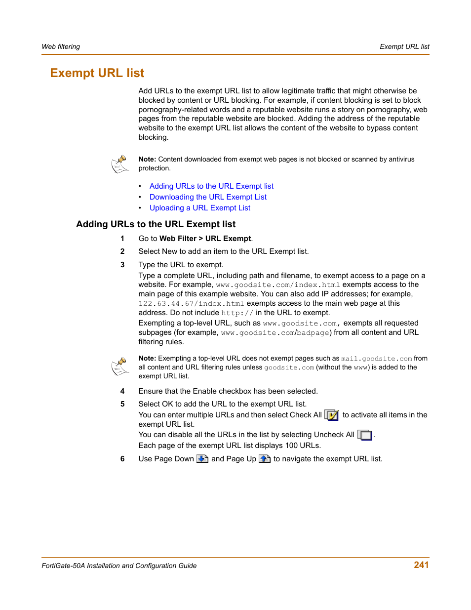 Exempt url list, Adding urls to the url exempt list, Ing. see | Exempt | Fortinet FortiGate 50A User Manual | Page 241 / 272