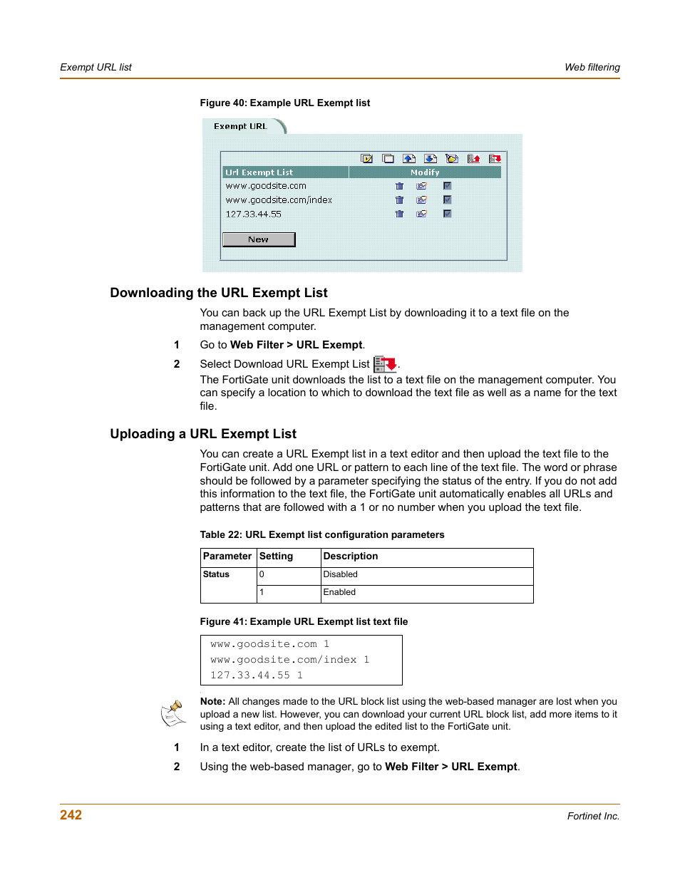 Downloading the url exempt list, Uploading a url exempt list | Fortinet FortiGate 50A User Manual | Page 242 / 272