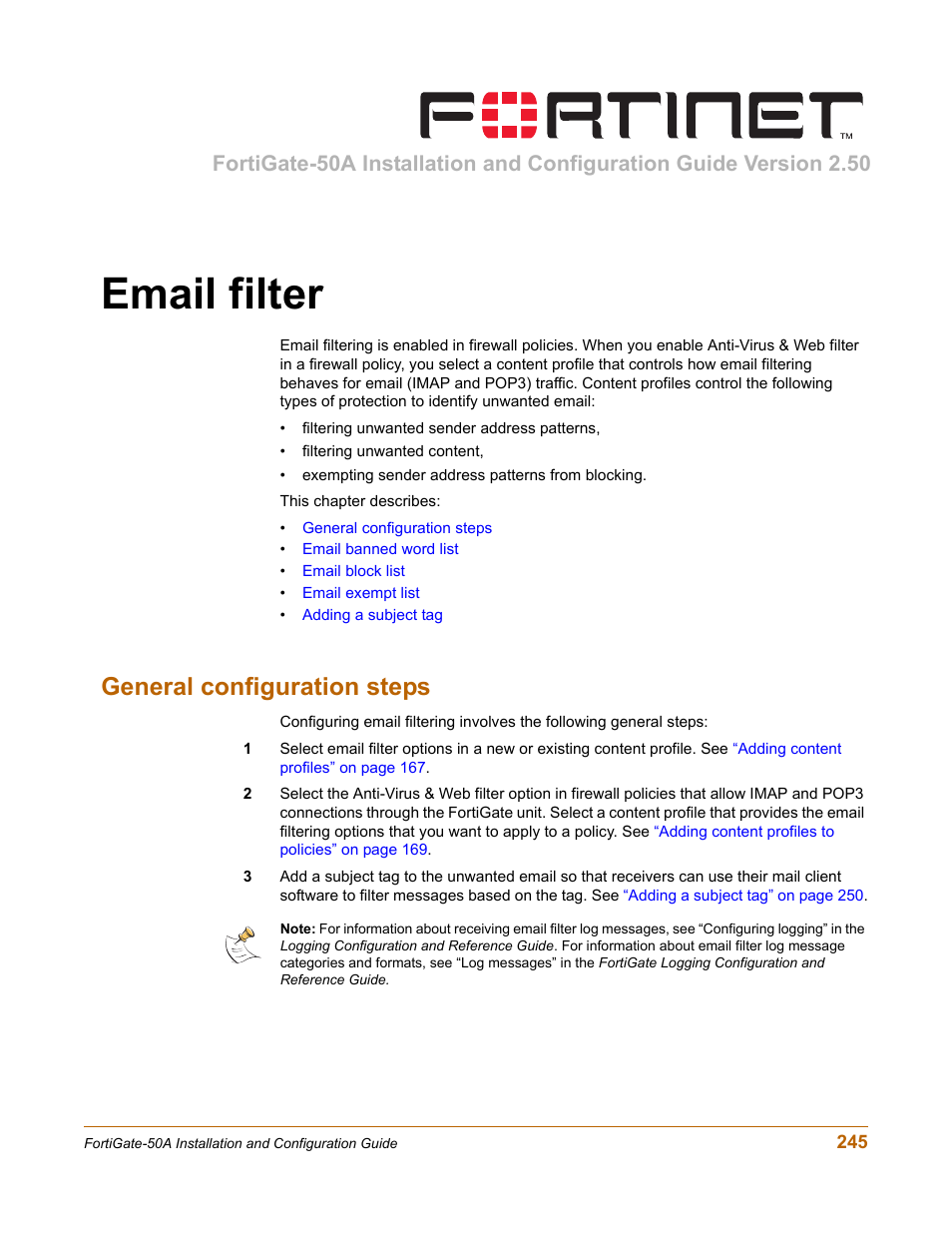 Email filter, General configuration steps | Fortinet FortiGate 50A User Manual | Page 245 / 272