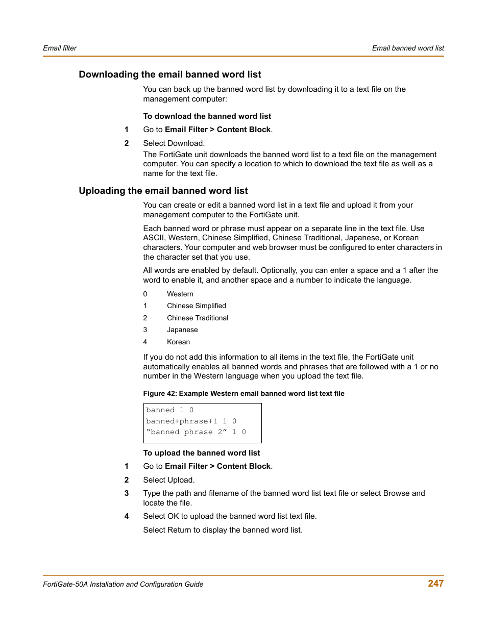 Downloading the email banned word list, Uploading the email banned word list, Uploading the email banned word list” on | Fortinet FortiGate 50A User Manual | Page 247 / 272