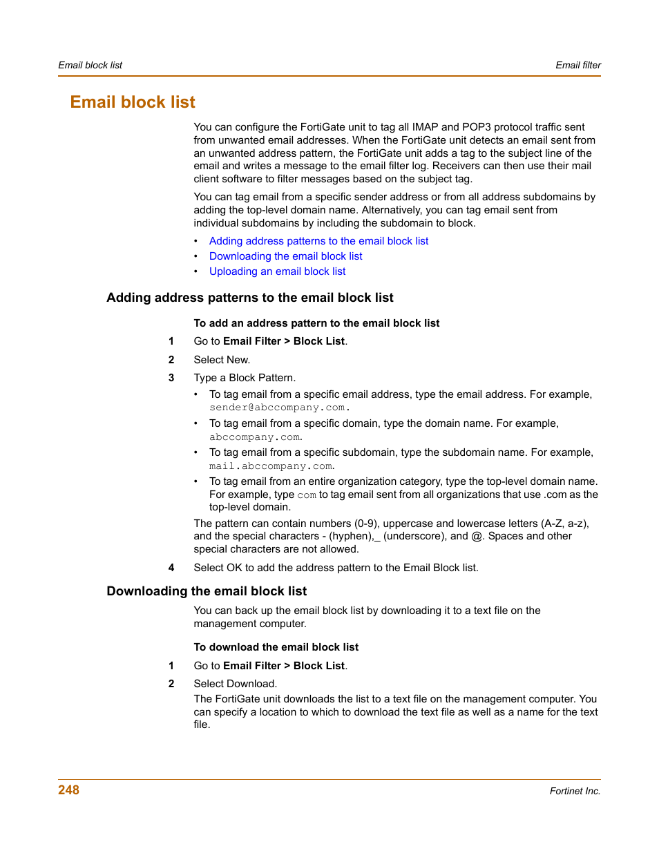 Email block list, Adding address patterns to the email block list, Downloading the email block list | Email | Fortinet FortiGate 50A User Manual | Page 248 / 272