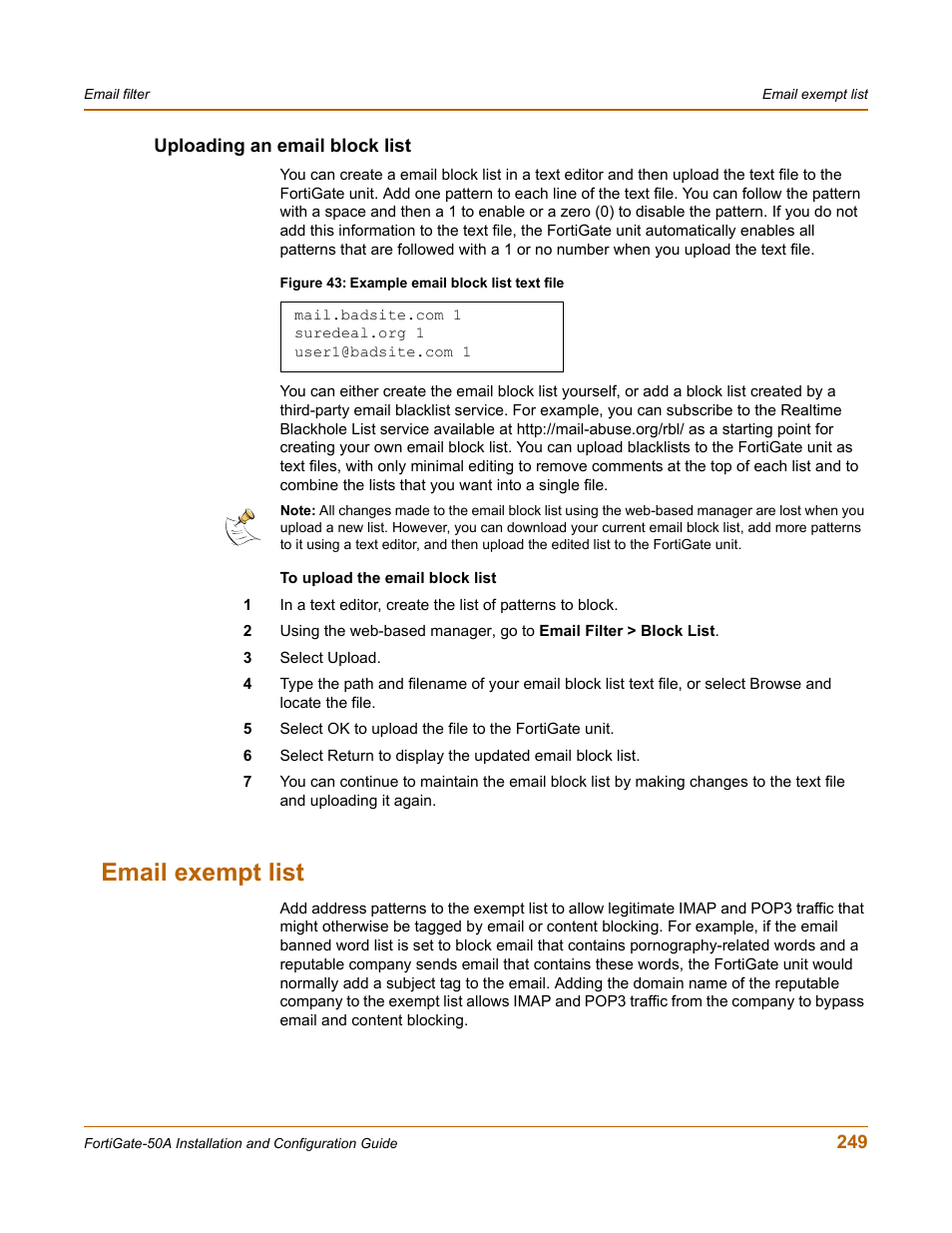 Uploading an email block list, Email exempt list, Email | Fortinet FortiGate 50A User Manual | Page 249 / 272