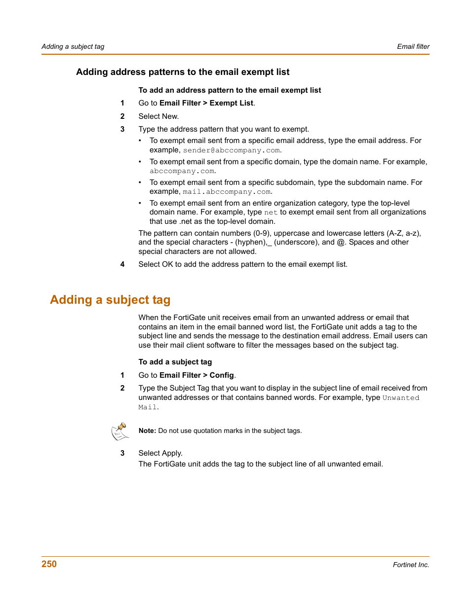 Adding address patterns to the email exempt list, Adding a subject tag | Fortinet FortiGate 50A User Manual | Page 250 / 272