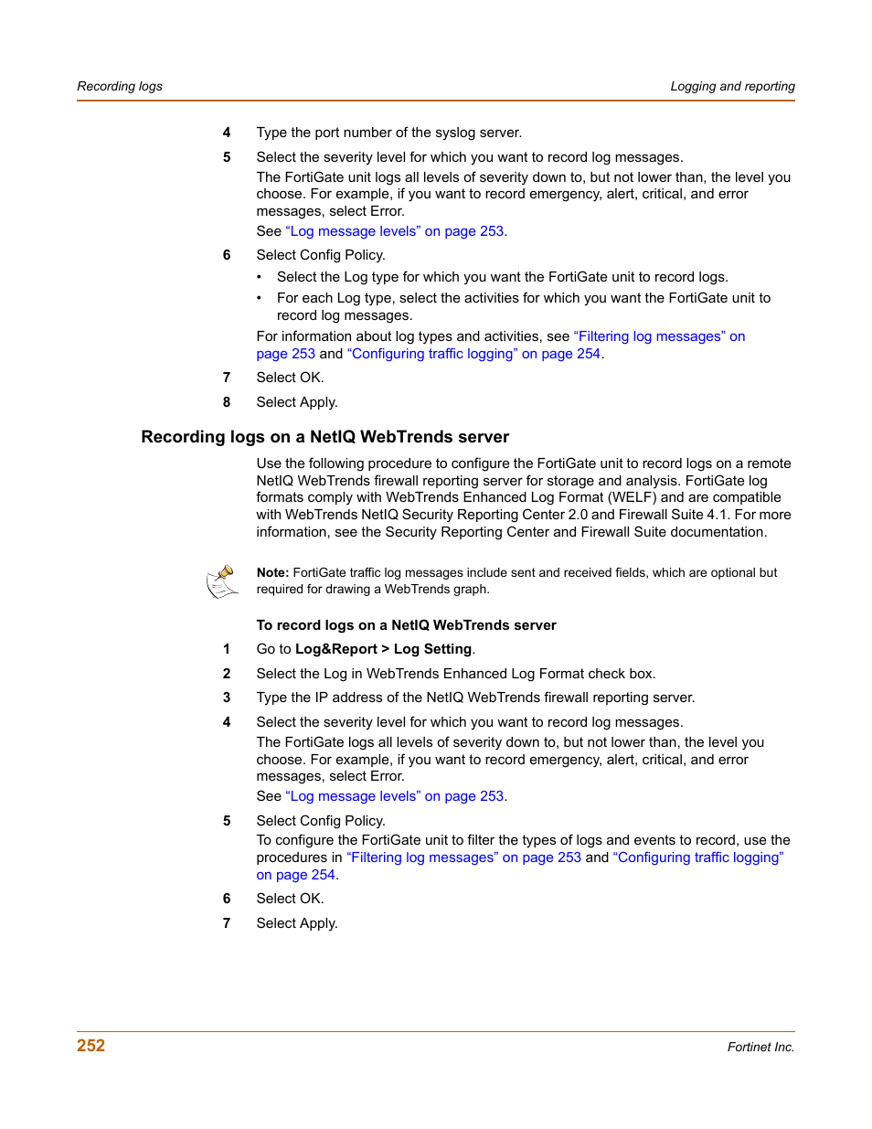 Recording logs on a netiq webtrends server | Fortinet FortiGate 50A User Manual | Page 252 / 272