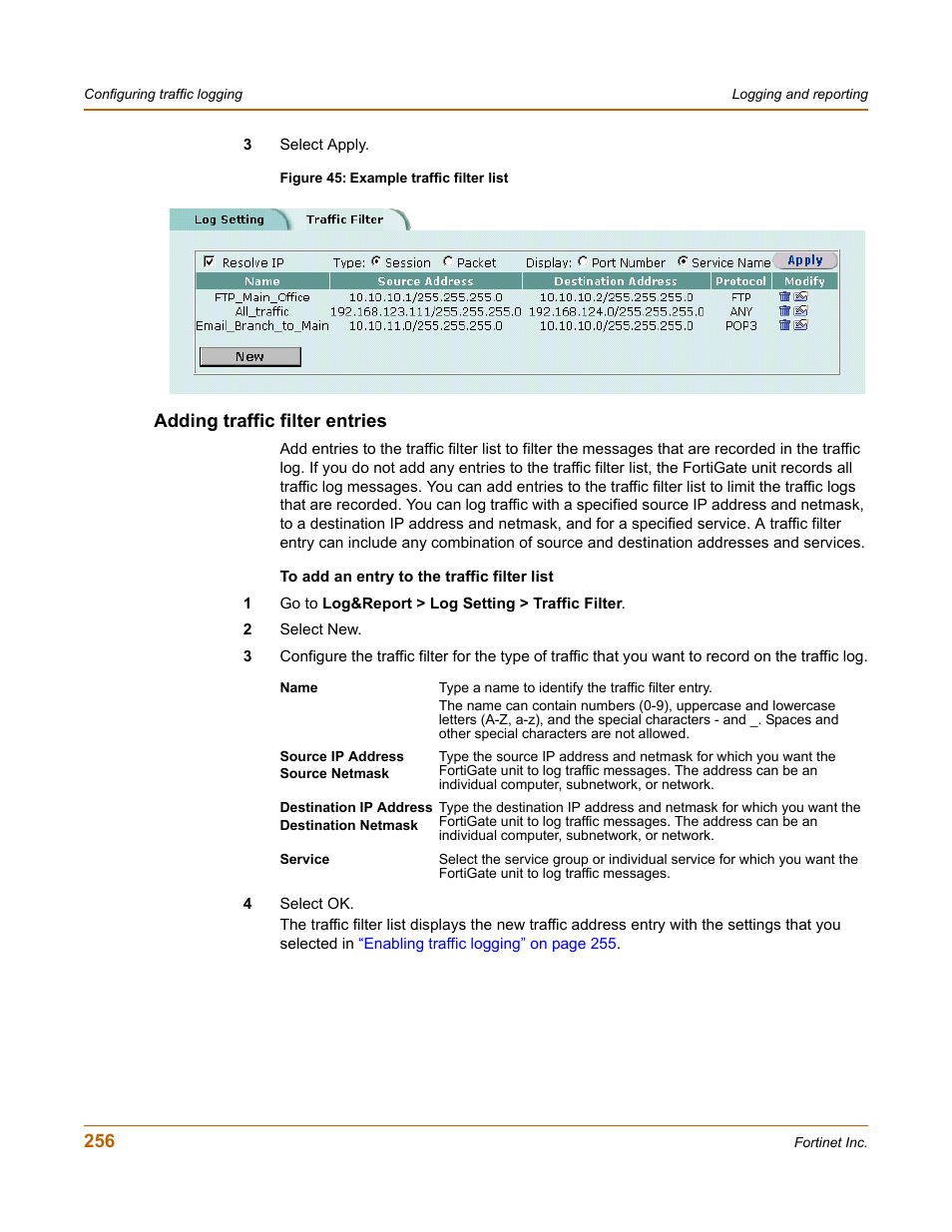 Adding traffic filter entries | Fortinet FortiGate 50A User Manual | Page 256 / 272