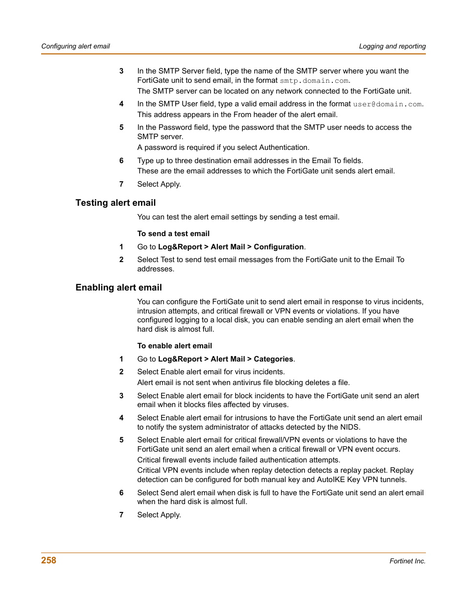 Testing alert email, Enabling alert email, Testing alert email enabling alert email | Fortinet FortiGate 50A User Manual | Page 258 / 272