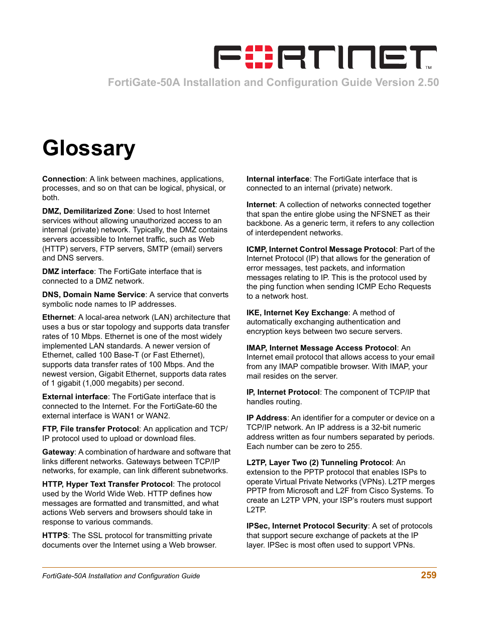 Glossary | Fortinet FortiGate 50A User Manual | Page 259 / 272