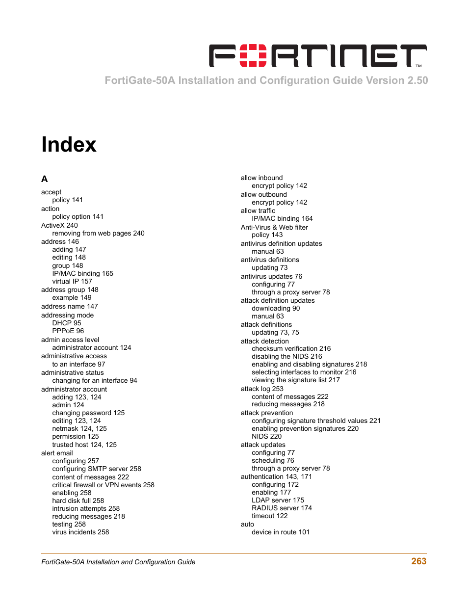 Index | Fortinet FortiGate 50A User Manual | Page 263 / 272