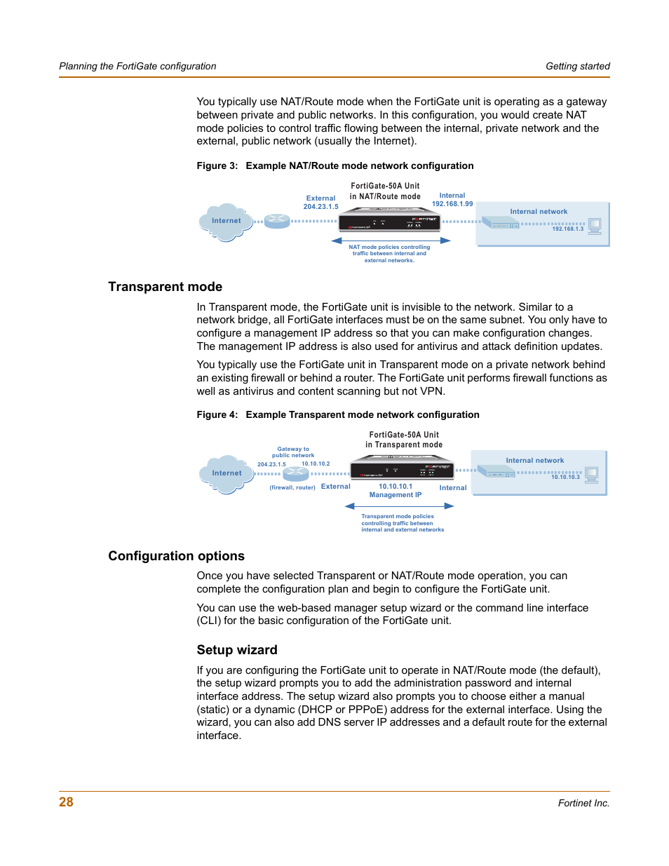 Transparent mode, Configuration options, Setup wizard | Transparent mode configuration options | Fortinet FortiGate 50A User Manual | Page 28 / 272