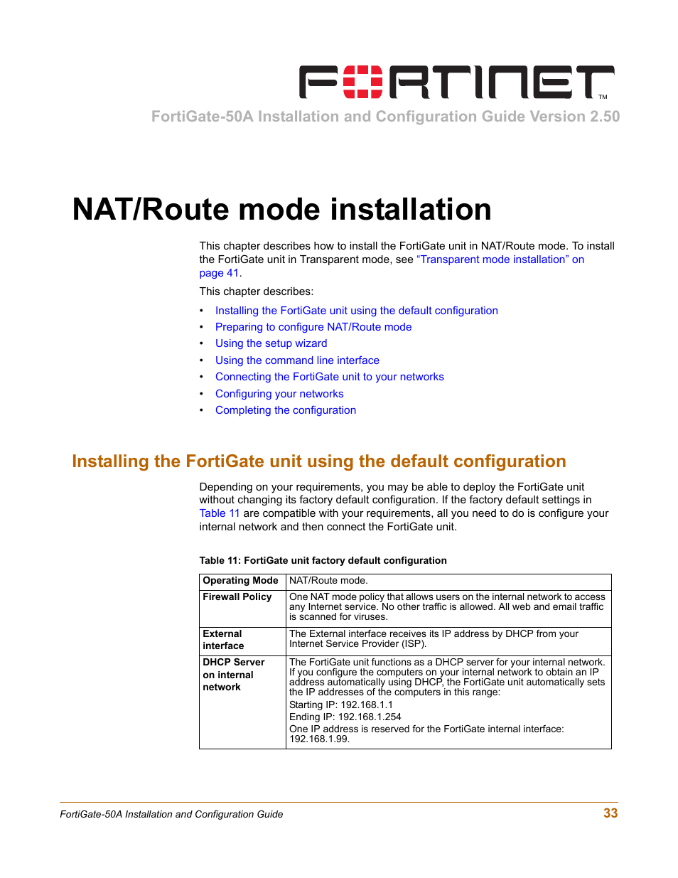 Nat/route mode installation | Fortinet FortiGate 50A User Manual | Page 33 / 272