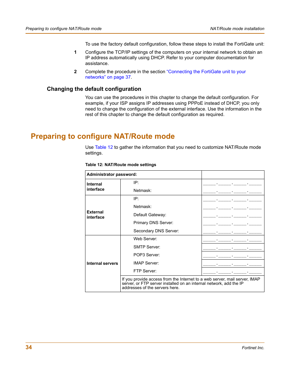 Changing the default configuration, Preparing to configure nat/route mode | Fortinet FortiGate 50A User Manual | Page 34 / 272