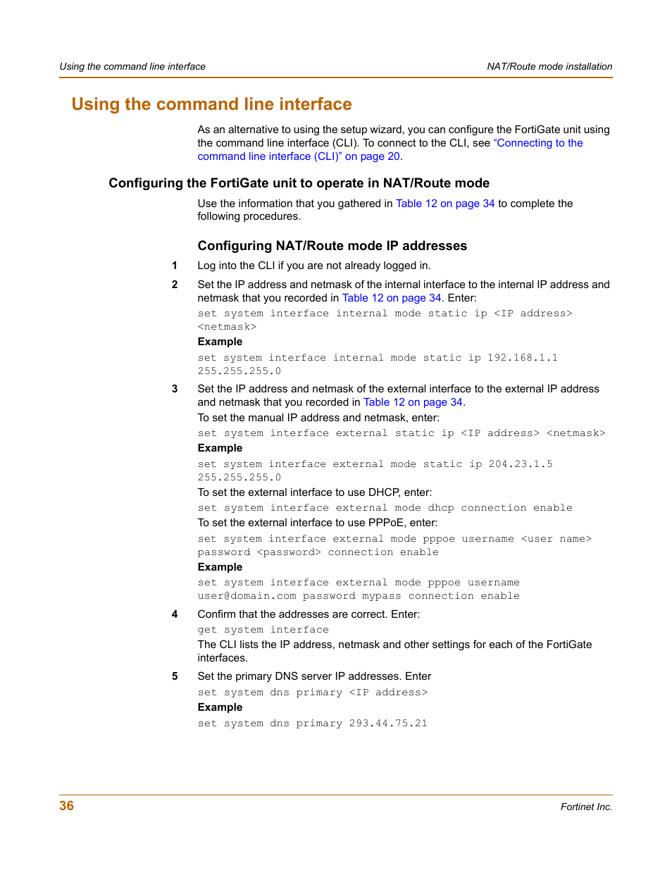 Using the command line interface, Configuring nat/route mode ip addresses | Fortinet FortiGate 50A User Manual | Page 36 / 272