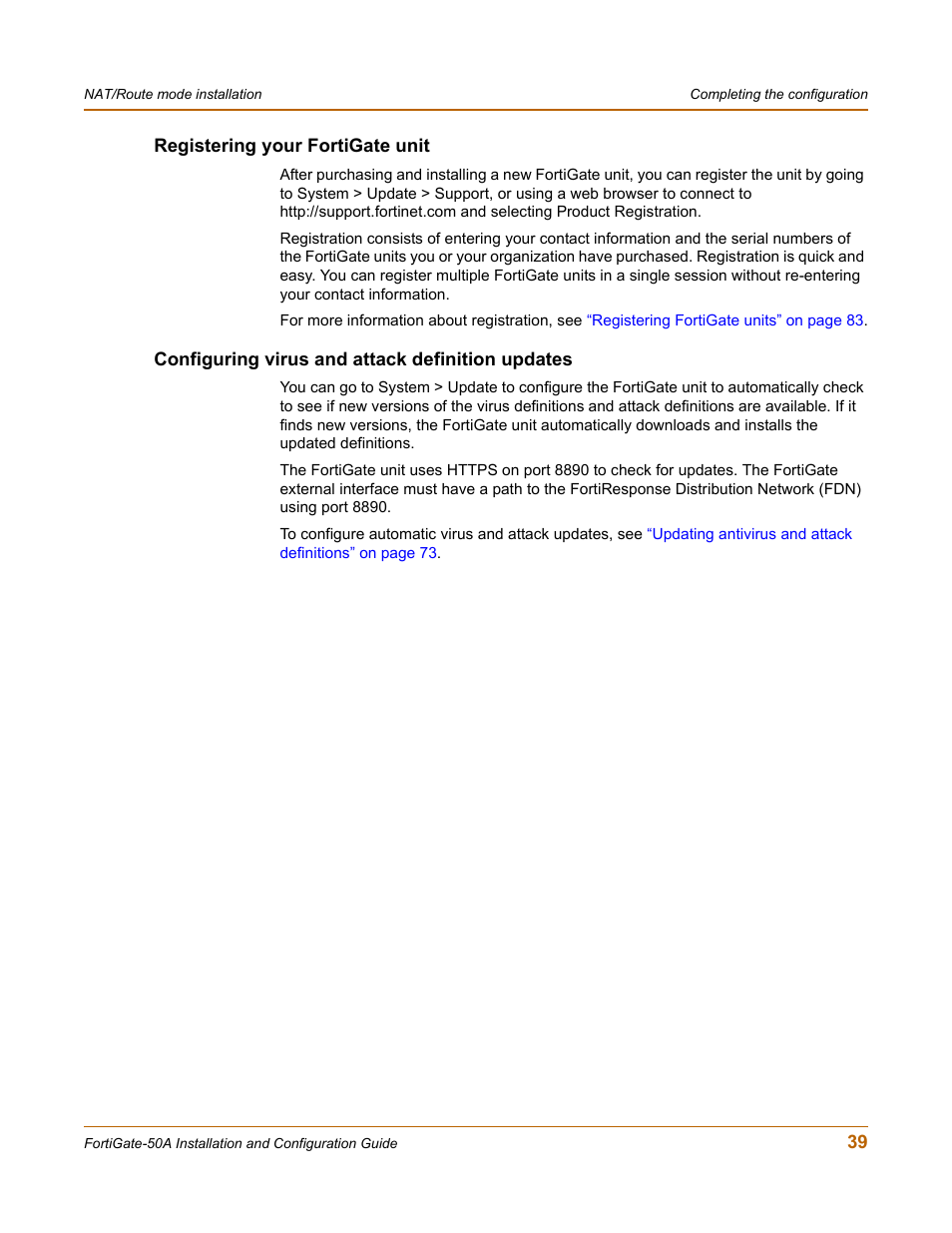 Registering your fortigate unit, Configuring virus and attack definition updates | Fortinet FortiGate 50A User Manual | Page 39 / 272