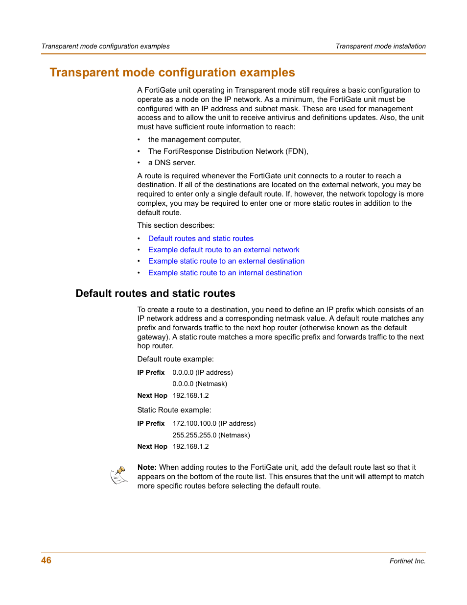 Transparent mode configuration examples, Default routes and static routes | Fortinet FortiGate 50A User Manual | Page 46 / 272