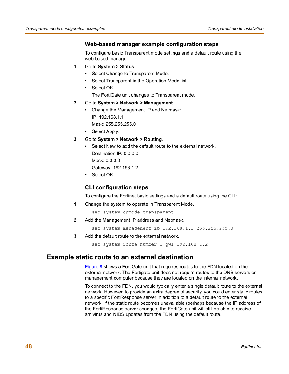 Web-based manager example configuration steps, Cli configuration steps, Example static route to an external destination | Fortinet FortiGate 50A User Manual | Page 48 / 272