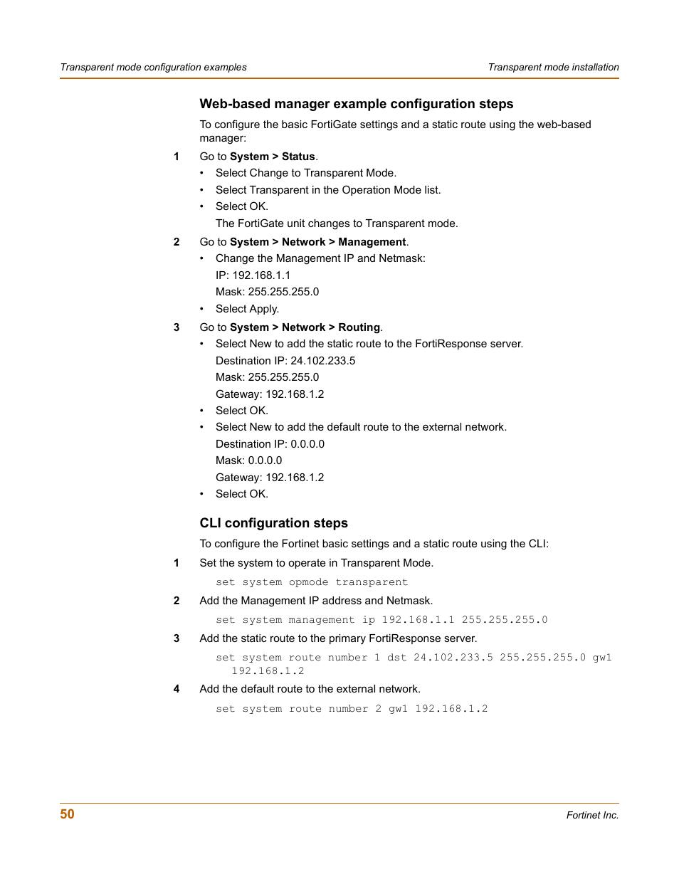 Web-based manager example configuration steps, Cli configuration steps | Fortinet FortiGate 50A User Manual | Page 50 / 272