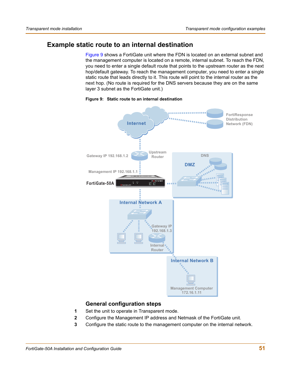 Example static route to an internal destination, General configuration steps | Fortinet FortiGate 50A User Manual | Page 51 / 272